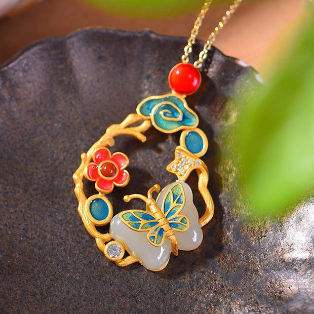 Buddha Stones White Jade Flower Butterfly Happiness Necklace Pendant Necklaces & Pendants BS 2