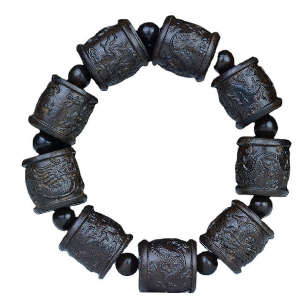 Buddha Stones Ebony Wood Eighteen Arhats Lotus Dragon Engraved Balance Bracelet Bracelet BS 13