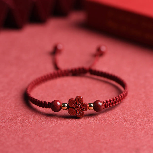 Buddha Stones Four Leaf Clover Five-petal Flower Cinnabar Blessing Red String Bracelet Bracelet BS 15