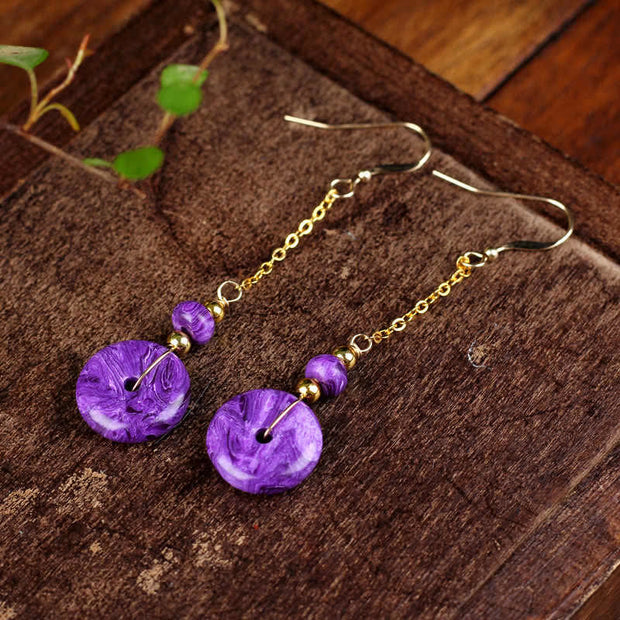 Buddha Stones Natural Amethyst Peace Buckle 14K Gold Healing Drop Earrings