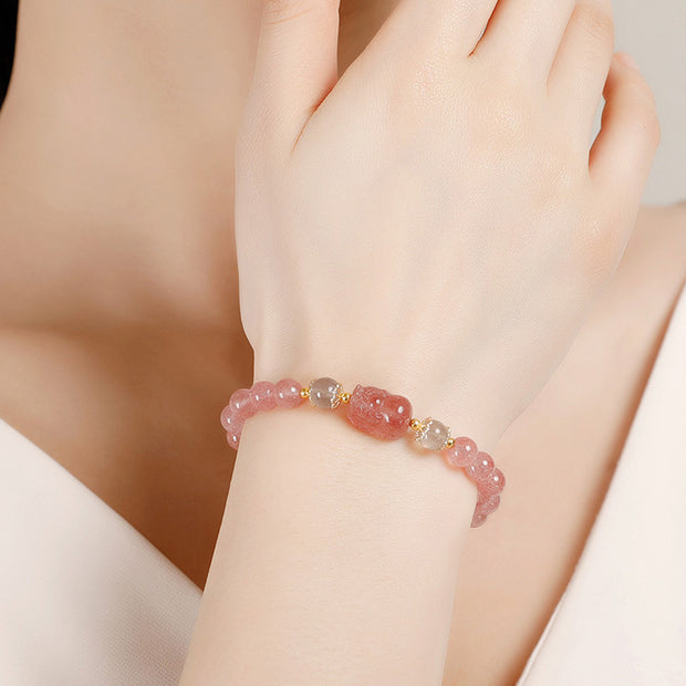 Buddha Stones Aquamarine Strawberry Quartz Amethyst Moonstone PiXiu Healing Bracelet Bracelet BS 4