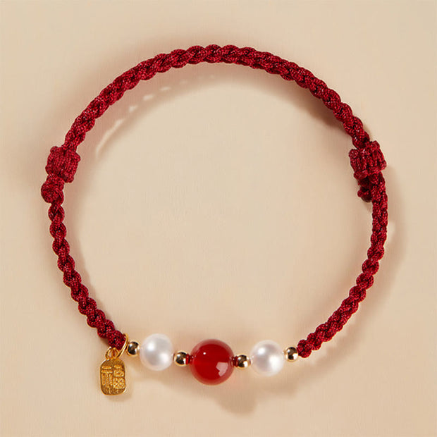 Buddha Stones 925 Sterling Silver Good Fortune Fu Character Agate Pearl Red String Braid Bracelet Bracelet BS 2