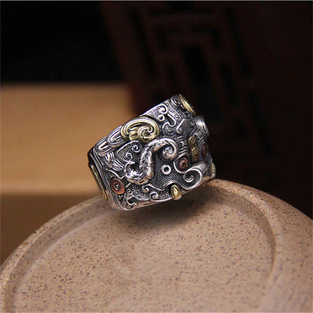 Buddha Stones 925 Sterling Silver Fengshui Kui Cattle Protection Adjustable Ring