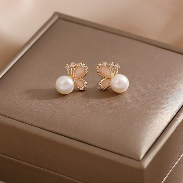 Buddha Stones 18K Gold Pearl Butterfly Love Freedom Stud Earrings Earrings BS 4