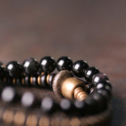 Buddha Stones Rainbow Obsidian Ebony Wood Copper Healing Triple Wrap Bracelet Bracelet BS 2