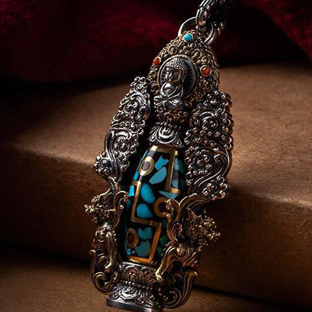 Buddha Stones Tibetan Nine-Eye Dzi Bead Turquoise Buddha Wealth Rotation Necklace Necklaces & Pendants BS 3