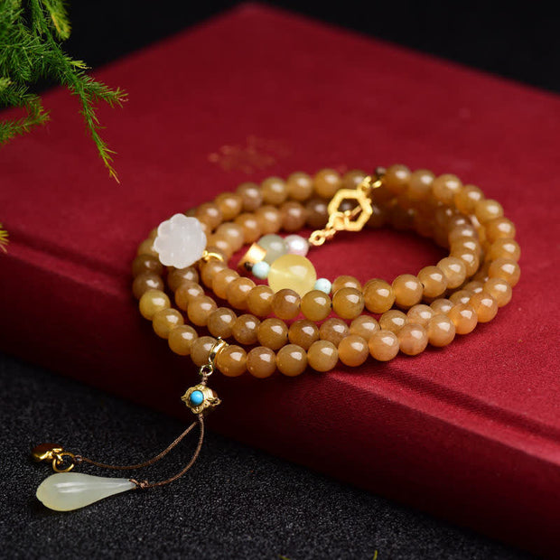 Buddha Stones Natural Hetian Topaz Amber Lotus White Jade Pearl Success Bracelet Bracelet BS 1