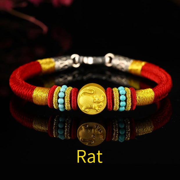 Buddha Stones 999 Gold Chinese Zodiac Om Mani Padme Hum King Kong Knot Protection Handcrafted Bracelet Bracelet BS Rat 19cm