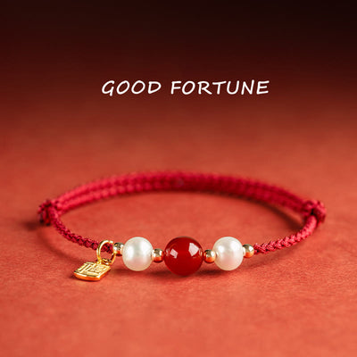 Buddha Stones 925 Sterling Silver Good Fortune Fu Character Agate Pearl Red String Braid Bracelet Bracelet BS Fu Character-925 Sterling Silver Fortune Charm(Wrist Circumference 14-18cm)