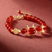 Buddha Stones 925 Sterling Silver Plated 18K Gold Year of the Dragon Natural Red Agate Fu Character Gourd Copper Coin Success Bracelet Necklace Pendant Bracelet Necklaces & Pendants BS Bracelet(Wrist Circumference 14-17cm)