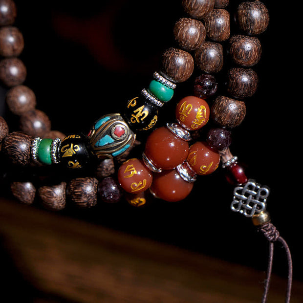 Buddha Stones 108 Mala Beads Vietnam Hoi An Agarwood Red Agate Peace Strength Bracelet Mala Bracelet BS 6