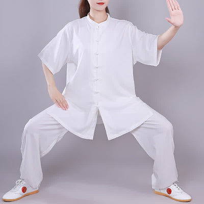Buddha Stones Tai Chi Qigong Meditation Prayer Spiritual Zen Practice Unisex Cotton Linen Clothing Set Clothes BS White Short Sleeve XXXL