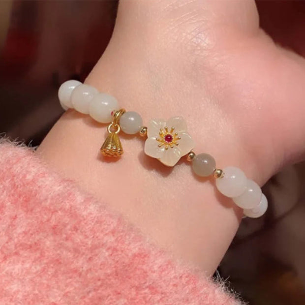 Buddha Stones Jade Peach Blossom Flower Pearl Luck Blessing Bracelet Bracelet BS White Jade(Protection♥Blessing)