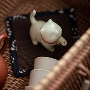 Buddha Stones Mini Lucky Cat Kitten Tea Pet Ceramic Home Desk Figurine Decoration With Bamboo Mat