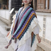 Buddha Stones Tibetan Shawl Colorful Striped Wavy Line Tassels Winter Cozy Travel Scarf Wrap