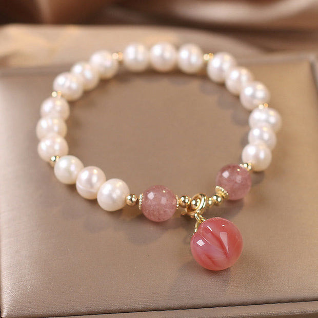 Buddha Stones Natural Pearl Strawberry Quartz Peach Love Heart Wisdom Charm Bracelet