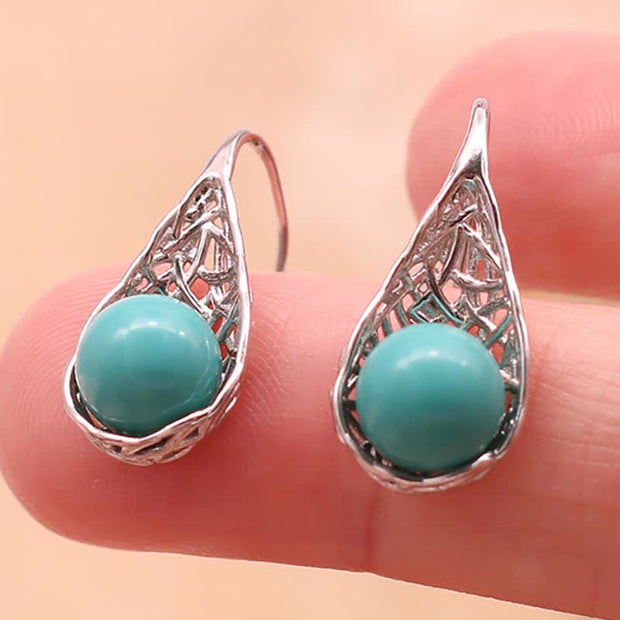 Buddha Stones 925 Sterling Silver Turquoise Beaded Pattern Protection Drop Dangle Earrings Earrings BS 2
