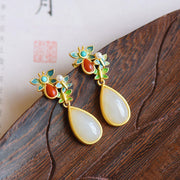 Buddha Stones Water Drop White Jade Red Agate Butterfly Protection Drop Dangle Earrings Earrings BS 1