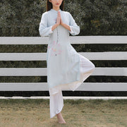 Buddha Stones 2Pcs Lotus Pattern Tai Chi Meditation Yoga Cotton Linen Clothing Top Pants Women's Set Clothes BS 7