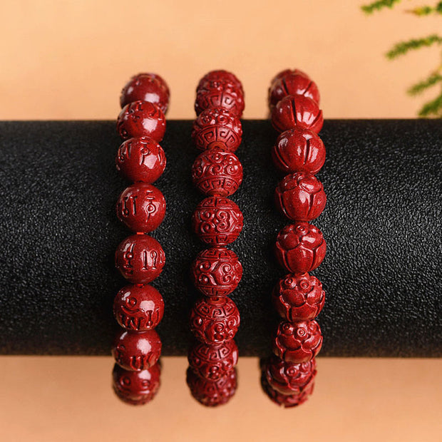 Buddha Stones Natural Cinnabar Om Mani Padme Hum Fret Pattern Lotus Blessing Bracelet Bracelet BS 10