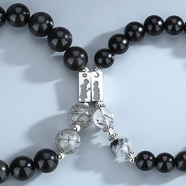 Buddha Stones 2pcs 925 Sterling Silver Obsidian Strength Magnetic Couple Bracelet
