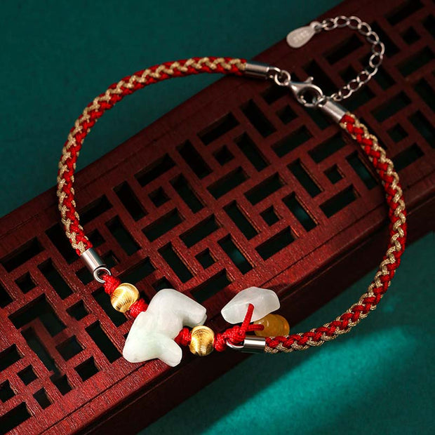 Buddha Stones Chinese Zodiac Jade Prosperity Red String Bracelet Anklet Bracelet BS Ox(Bracelet/Anklet Size 19.5+4cm)