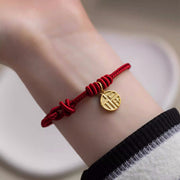 Buddha Stones Handmade Eight Thread Peace Knot Fu Character Charm Luck Happiness Red Rope Bracelet