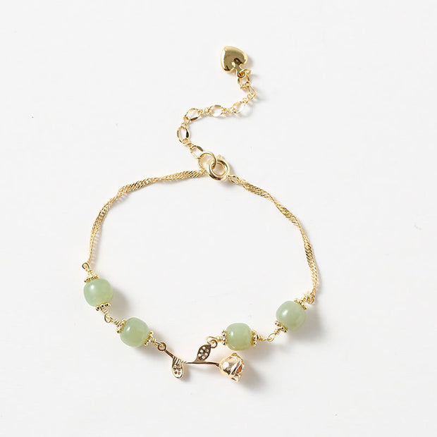 Buddha Stones 14K Gold Plated Hetian Jade Golden Rose Flower Luck Chain Bracelet Bracelet BS 3