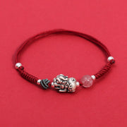 Buddha Stones 999 Sterling Silver PiXiu Strawberry Quartz Bead Wealth Luck Braided Bracelet Bracelet BS Red Rope(Wrist Circumference 14-19cm)