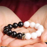 Buddha Stones 925 Sterling Silver Black Obsidian White Shell Yin Yang Strength Bracelet