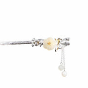 Buddha Stones 925 Sterling Silver Hetian White Jade Flower Blessing Hairpin Decorations BS 18