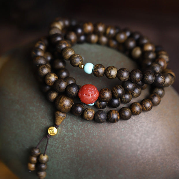 Buddha Stones 108 Mala Beads Agarwood Red Agate Turquoise Peace Meditation Bracelet Bracelet Mala BS 1
