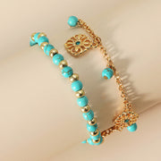 Buddha Stones 2Pcs Turquoise Stone Flower Protection Bracelet Anklet Bracelet BS 4
