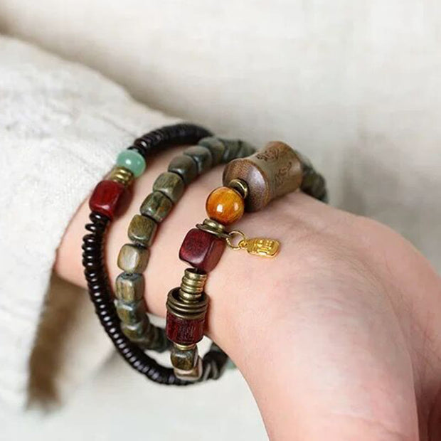 Buddha Stones Green Sandalwood Ebony Om Mani Padme Hum Engraved Peace Triple Wrap Bracelet Bracelet BS 6