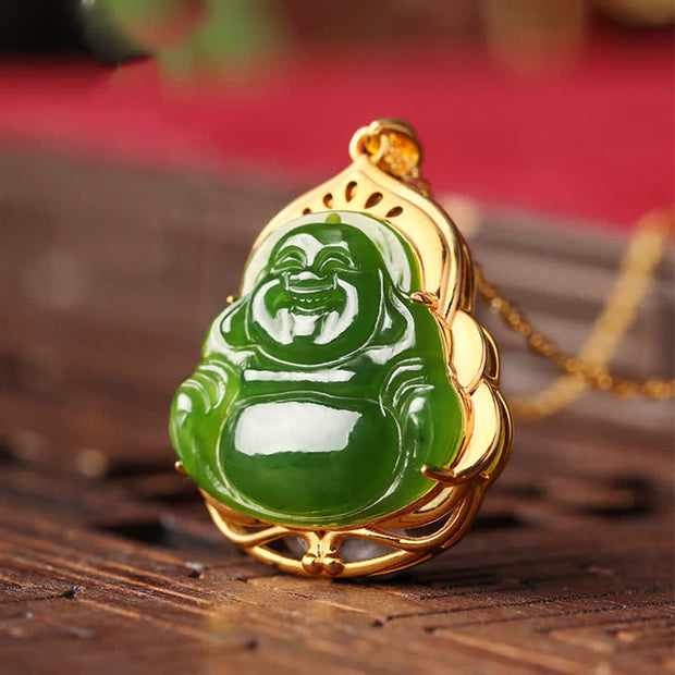 Buddha Stones 925 Sterling Silver Natural Hetian Cyan Jade Laughing Buddha 18K Gold Healing Necklace Chain Pendant Necklaces & Pendants BS 5
