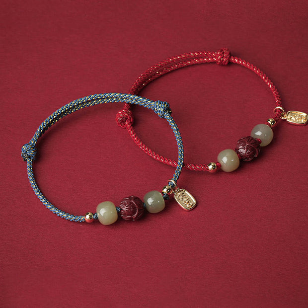 Buddha Stones 14K Gold Plated Hetian Jade Cinnabar Lotus Luck Handcrafted Rope Bracelet Bracelet BS 10