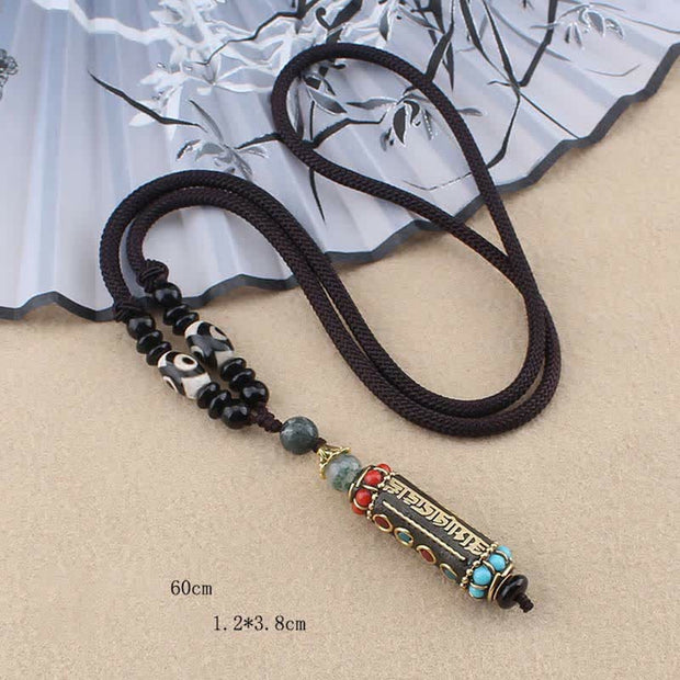 Buddha Stones Tibetan Om Mani Padme Hum Dzi Bead Wenge Wood Necklace Pendant Necklaces & Pendants BS 11