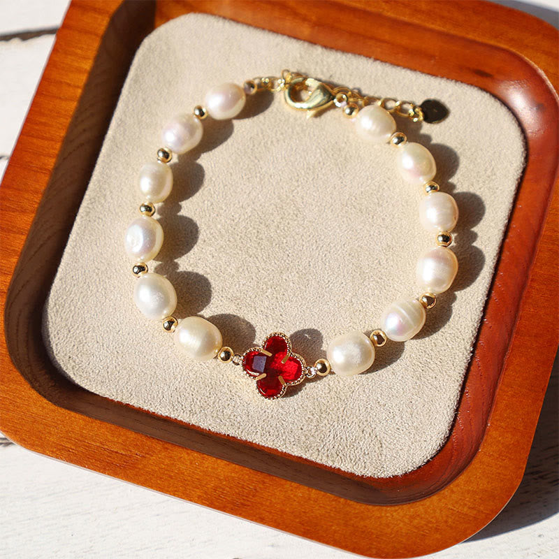 Four leaf clover mother of pearl bracelet with sunstone gems and 2024 gold beads