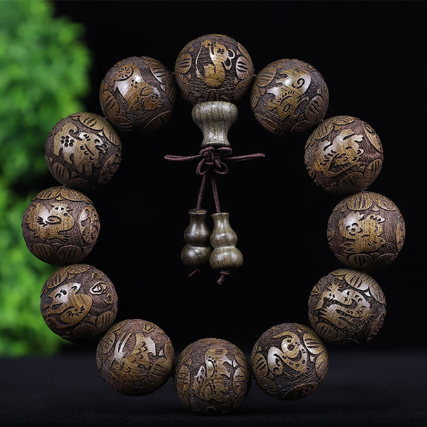 Buddha Stones Chinese Zodiac Rosewood Ebony Boxwood Copper Coin PiXiu Carved Warmth Bracelet Bracelet BS Ebony 12 Zodiac