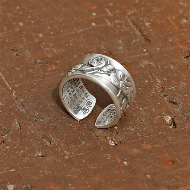 Buddha Stones 999 Sterling Silver Luck Koi Fish Lotus Heart Sutra Wealth Ring