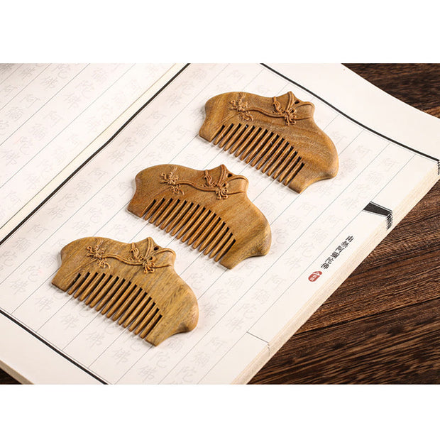 Buddha Stones Green Sandalwood Flower Pattern Engraved Soothing Comb Comb BS 6