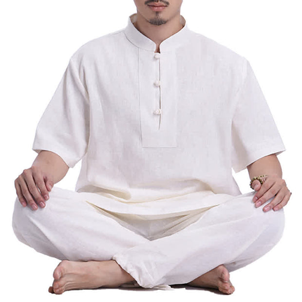 Buddha Stones Spiritual Zen Meditation Prayer Practice Cotton Linen Clothing Men's Set Clothes BS Beige XXXL