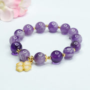 Buddha Stones Natural Amethyst Crystal Inner Peace Four Leaf Clover Charm Bracelet Bracelet BS 7
