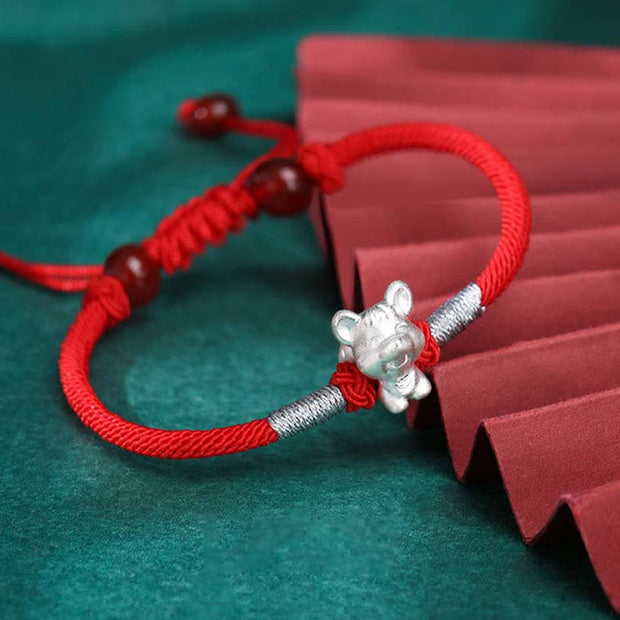 Buddha Stones 999 Sterling Silver Chinese Zodiac Luck Strength Red String Bracelet Bracelet BS Rat(Bracelet Size 15.5cm+8cm)