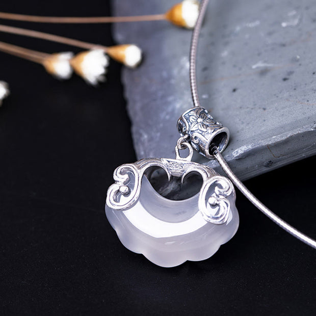 Buddha Stones 925 Sterling Silver Natural Chalcedony Lock of Good Wishes Koi Fish Luck Necklace Pendant Necklaces & Pendants BS 1