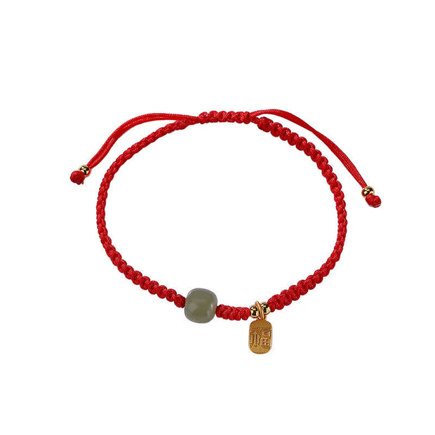 Buddhastoneshop 925 Sterling Silver Hetian Jade Blessing Wealth Red String Bracelet