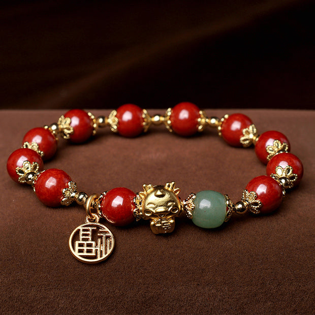 Buddha Stones Year of the Dragon Natural Cinnabar Fu Character Charm Blessing Bracelet Bracelet BS 1