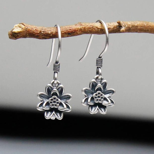 Buddha Stones 925 Sterling Silver Lotus Flower Enlightenment Earrings Earrings BS Silver