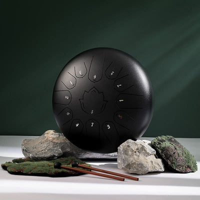Buddha Stones Steel Tongue Drum Sound Healing Mindfulness Lotus Pattern Yoga Drum Kit 13 Note 12 Inch Percussion Instrument Tongue Drum BS Black