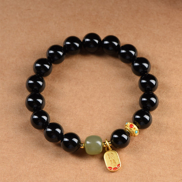 Buddha Stones Black Onyx Hetian Jade Bead Lucky Fortune Charm Bracelet Bracelet BS 1